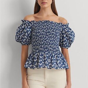 Ralph Lauren Womens Blue Floral Cotton VOILE Peplum Top